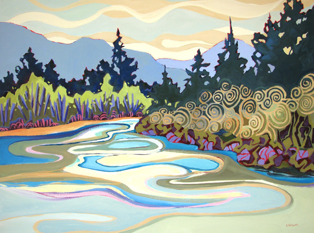 "Bend in the River," landscape painting of a river by Carolee Clark