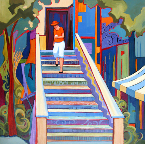 Coffee Shop Stairs - acrylic painting by Carolee Clark