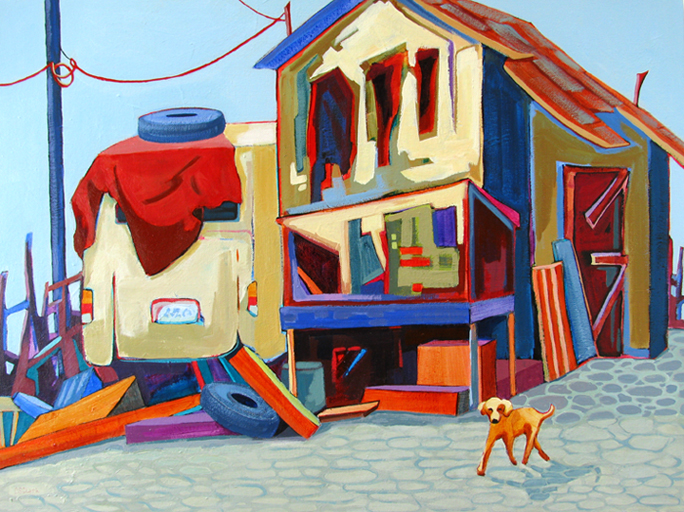 "Not Much of a Guard Dog," urban landscape painting by Carolee Clark